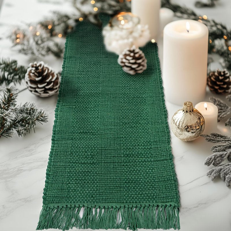 Chunky Green Table Runner - 13" x 72" - 80% Jute, 20% Cotton