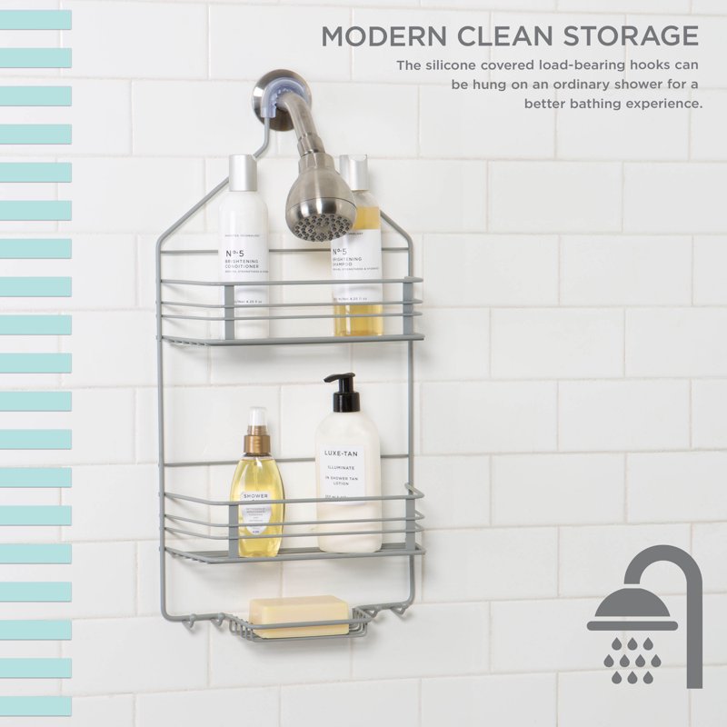 Gray Shower Caddy with 2 Shelves and Hooks - Over-the-Shower Head Storage Organizer