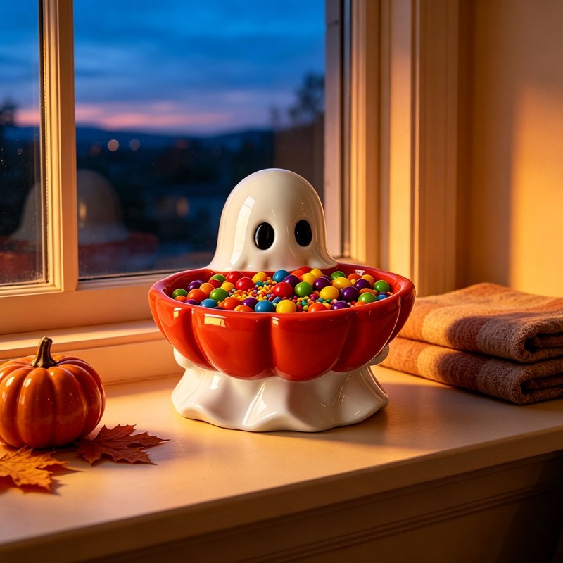 Halloween Ghost Pumpkin Candy Bowl - Cute Ceramic Ghost Figurine with Snack Dish - Variation #023