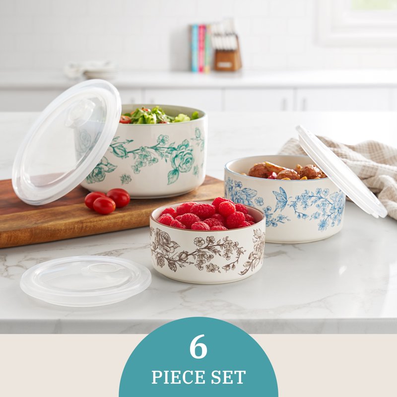 Agatha 6-Piece Round Nesting Baker Set with Lids - Floral Design