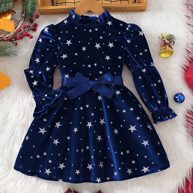 Girls Velvet Star Print Dress with Ruffle Hem & Bow Tie Belt - Size 7-8 Blue Variation Z04-04