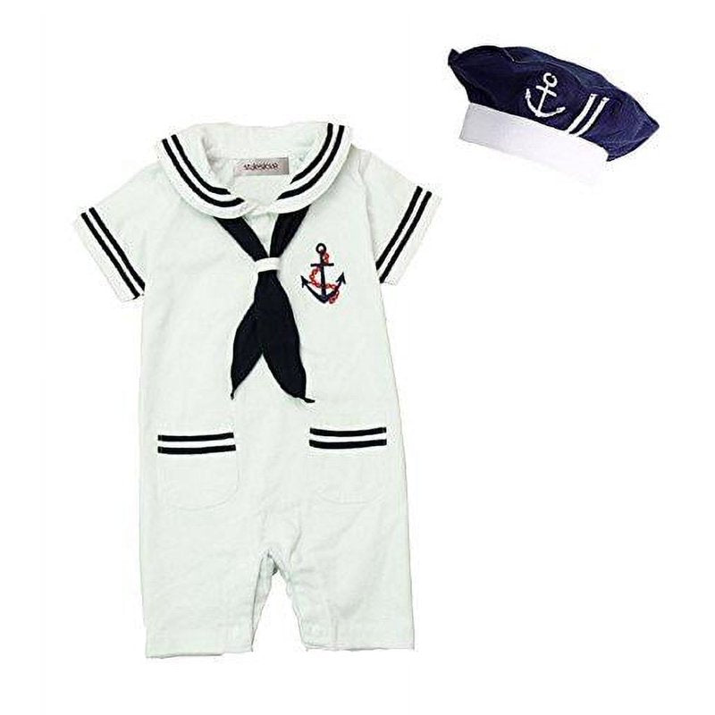 Baby Boy Marine Sailor Romper Set with Hat and Necktie - Blue, 6-12 Months