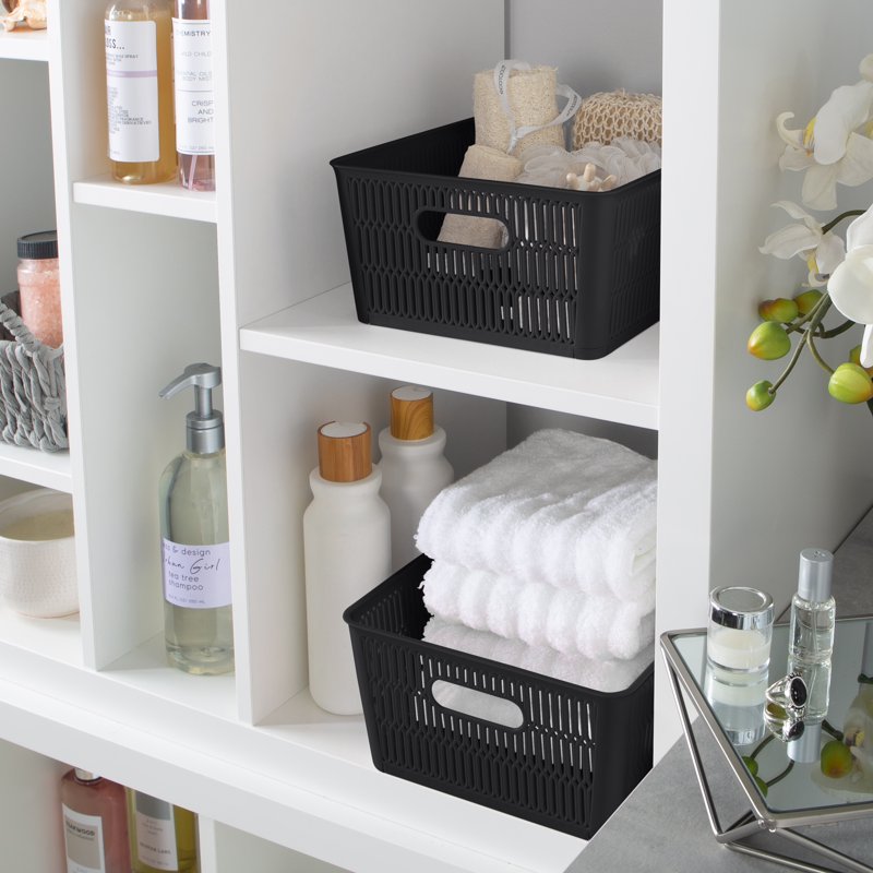 Black 2-Pack Plastic Storage Totes with Slide to Stack Design - Max 40lbs