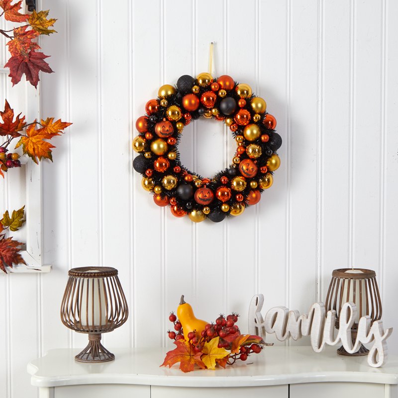 30-Inch Halloween Pumpkin Wreath Shatterproof Jack-o'-Lantern Decor