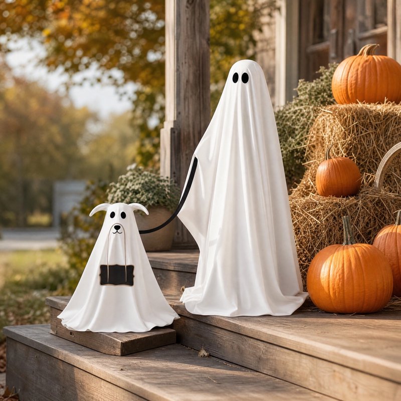 Ghost Walking Dog Halloween Yard Decor - 2.1 Ft Adjustable Standing Ghost and Dog Set - Modern Farmhouse Style - Variation 5A
