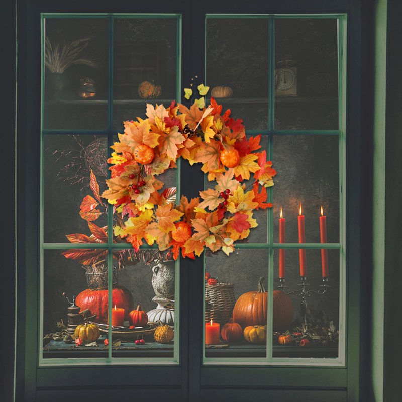 Fall Wreath Front Door Autumn Harvest Halloween Decoration with Pumpkins & Berries