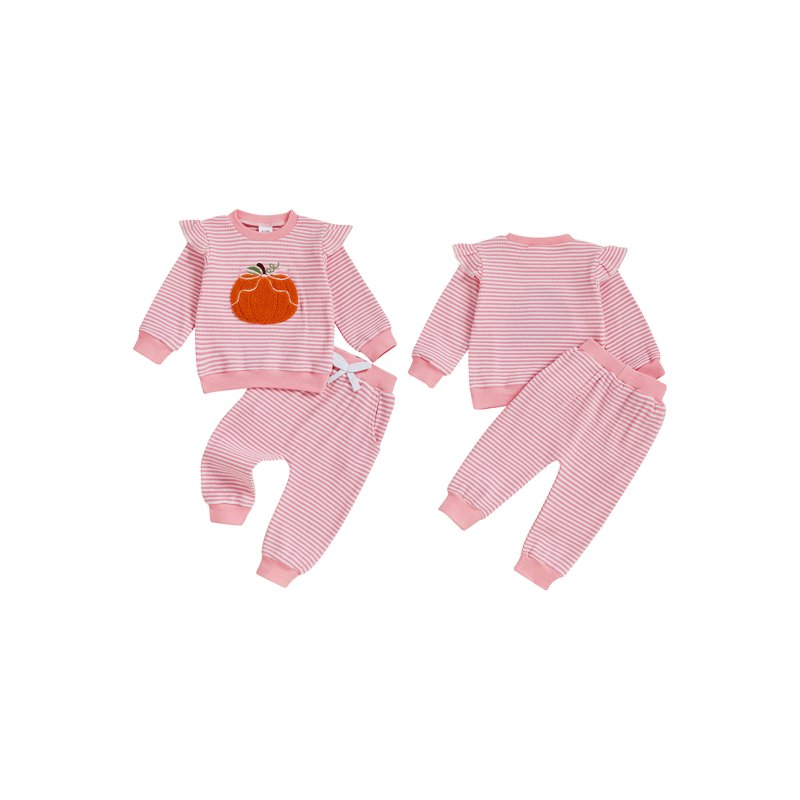 Toddler Girls Halloween Outfit Set - Embroidery Pumpkin Sweatshirt & Striped Pants, 18-24 Months - Style 31