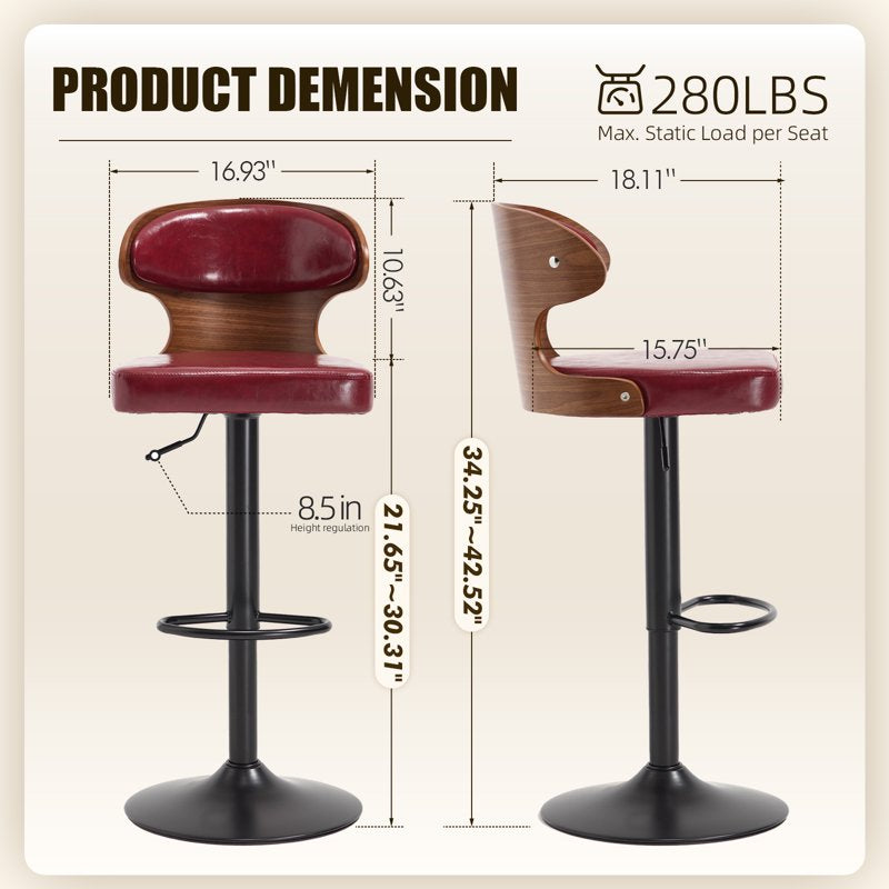 Swivel Bar Stools Set of 2 - Wooden Kitchen Chairs with Back, Wine Red