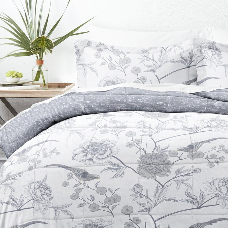 Light Blue Reversible Comforter Set - 3-Piece Full/Queen Botanical Pattern