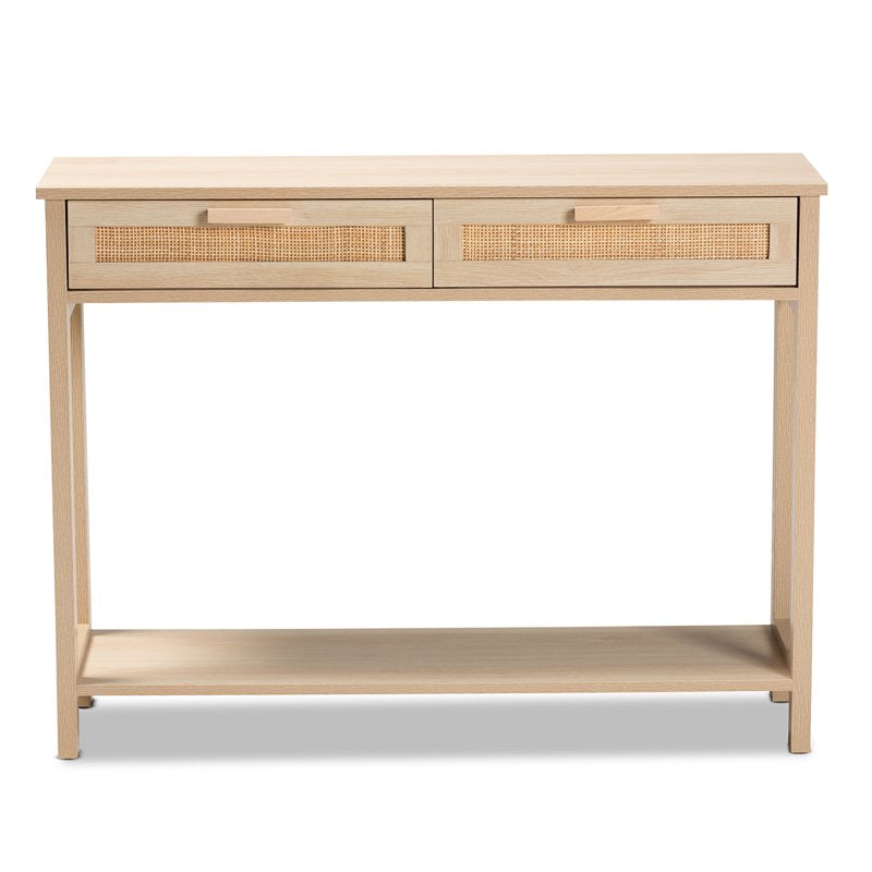 Mid-Century Modern Console Table with Rattan Accents - Light Brown