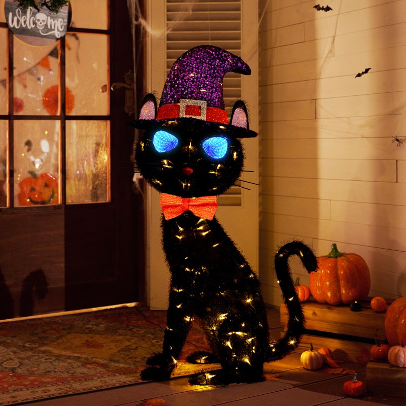 Black Cat Halloween Decor with Animated Infinity Eyes & Witch Hat - 3.5ft Light-Up Outdoor Yard Decoration