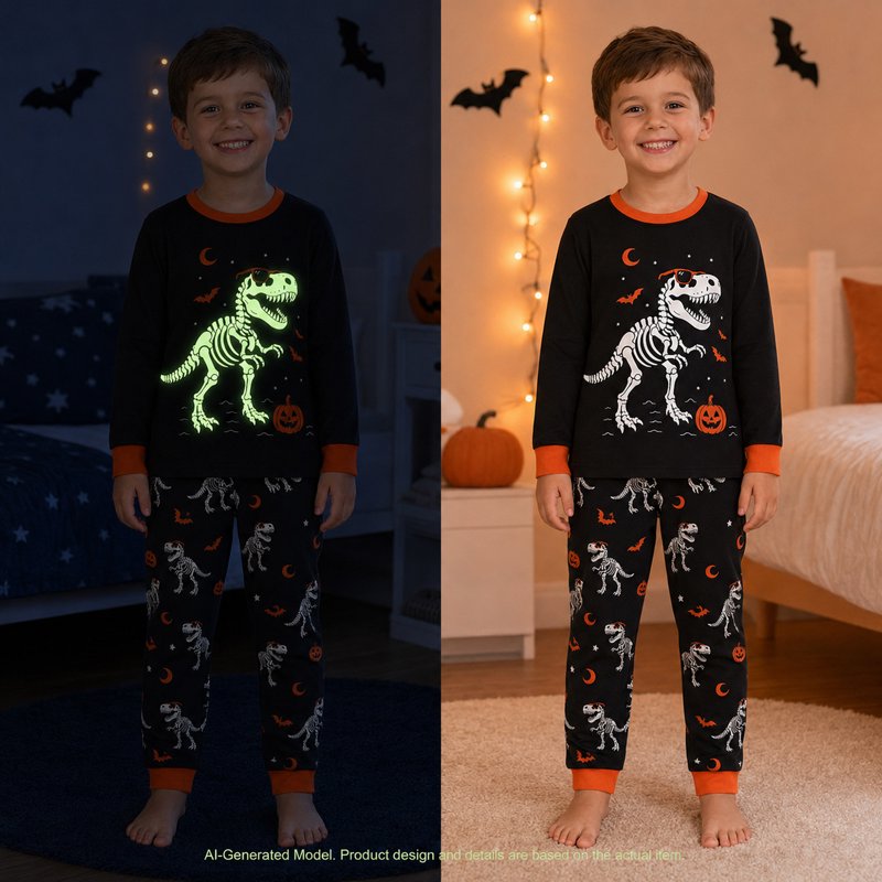 Dino Skeleton Pumpkin Kids Halloween Pajamas Set - Glow-in-the-Dark 2T