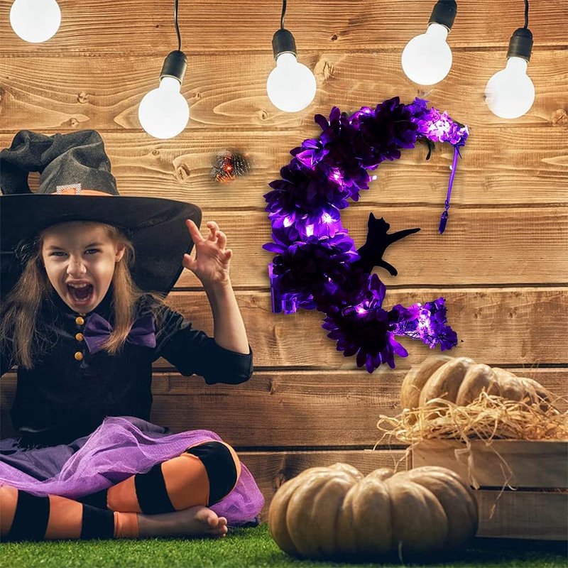 Halloween Wreath with Lights and Black Cat Decor for Front Door 13.77"