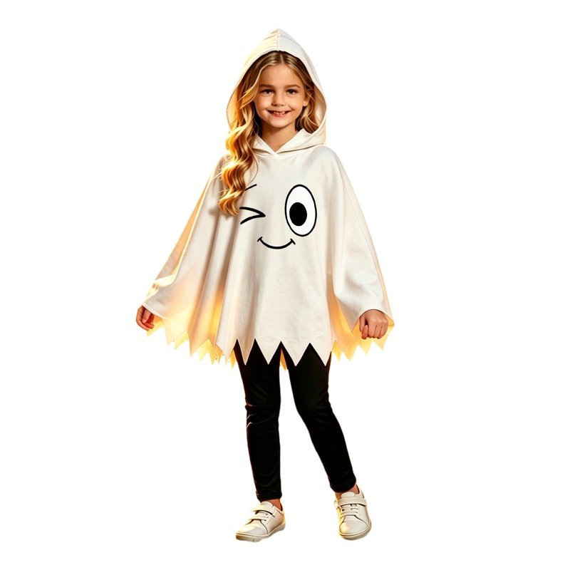 Kids Ghost Face Costume Set with Hooded Cape and Pants - E-White, 6-7 Years