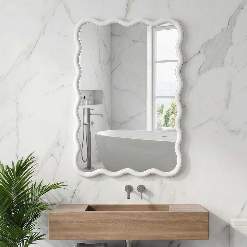 Wall Mirror 20x30 Wavy Rectangle Solid Wood Frame - White - Decorative Vanity Mirror