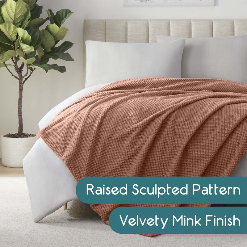 Queen Plush Texture Blanket - Ultra Soft All-Season Throw - Copper, Full/Queen