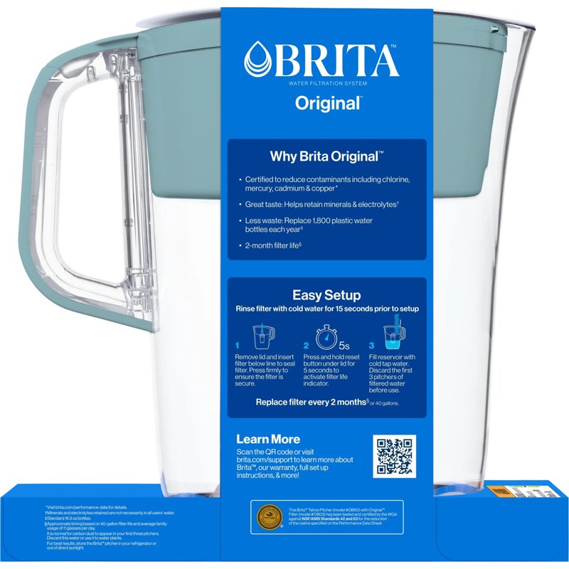 10-Cup Water Filter Pitcher - BPA Free, Stone Blue with Filter