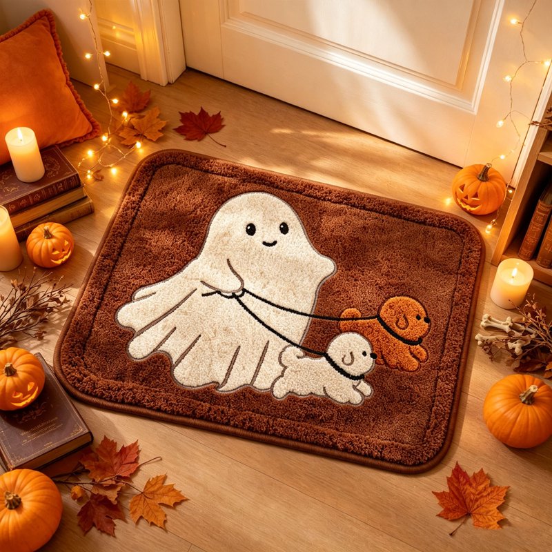 Halloween Doormat with Ghost Walking Dogs, 23.62x15.75in - Cute Indoor Front Door & Bath Floor Mat - Variation: 59 Square