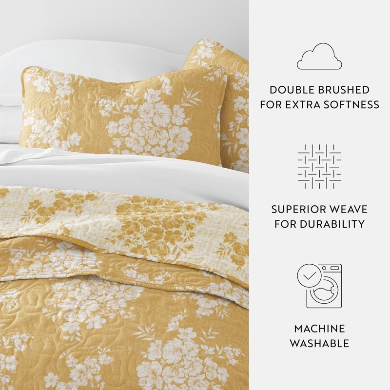 Twin Mustard Reversible Quilt Set with Shams - Distressed Bouquet Design