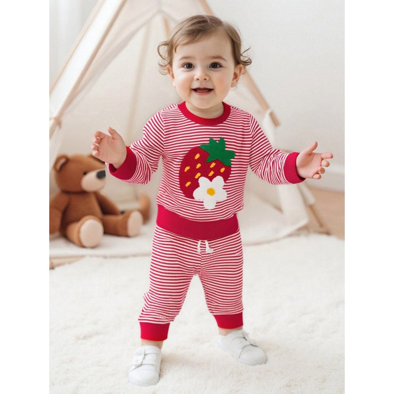 Toddler Girls Autumn Pants Outfit Set - Strawberry Embroidery, Long Sleeve Tops & Striped Pants, Style 1, 6-12 Months