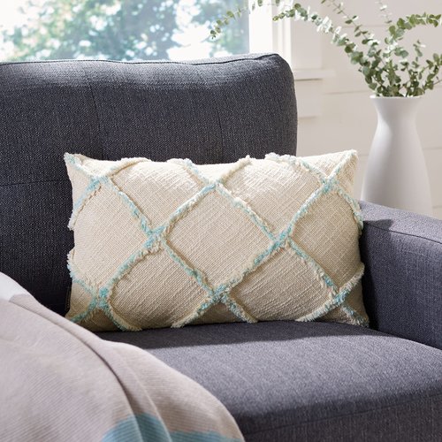 SAFAVIEH Home Collection Ashlin Beige/Teal Trellis Fringe 12 x 20-inch Rectangle Decorative Accent Throw Pillow (Insert Included) PLS6526J-1220, 12"x22"