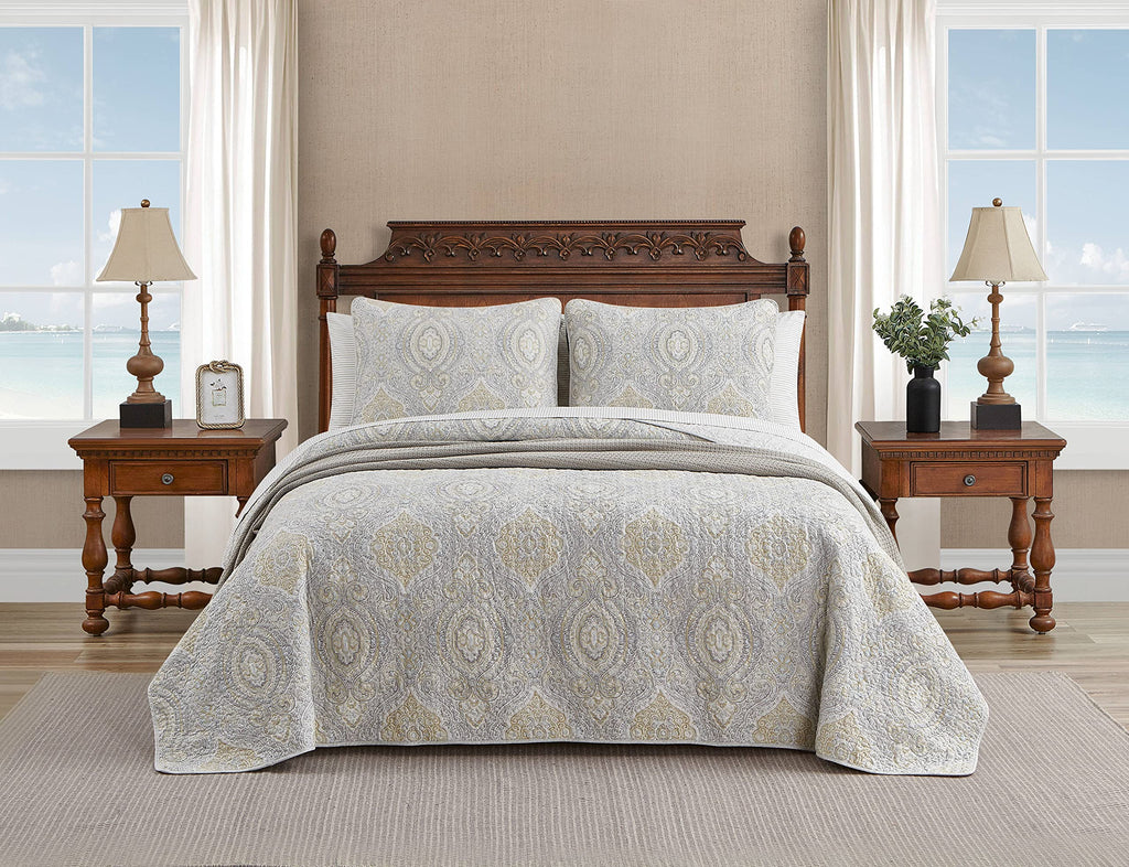 Tommy Bahama - King Quilt Set, Reversible Cotton Bedding with Matching Shams, Coastal Bedspread, Super Soft Bedding Set (Turtle Cove Grey, King)