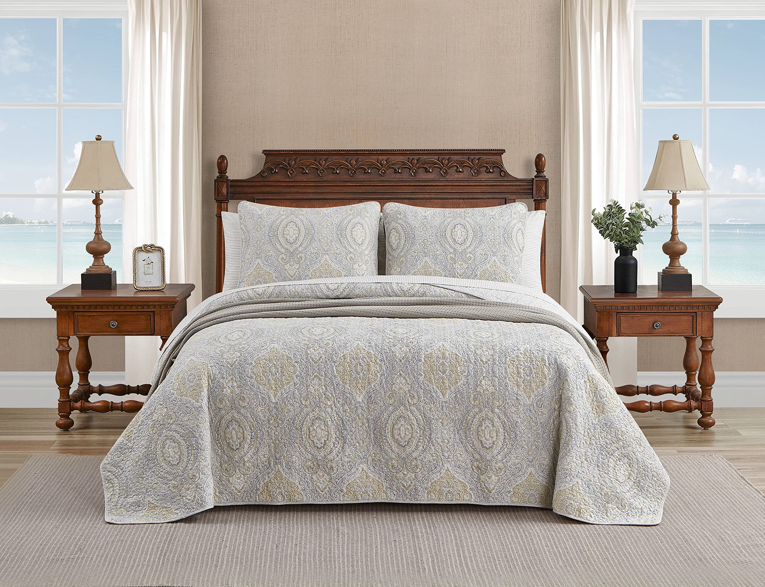 Tommy Bahama - King Quilt Set, Reversible Cotton Bedding with Matching Shams, Coastal Bedspread, Super Soft Bedding Set (Turtle Cove Grey, King)