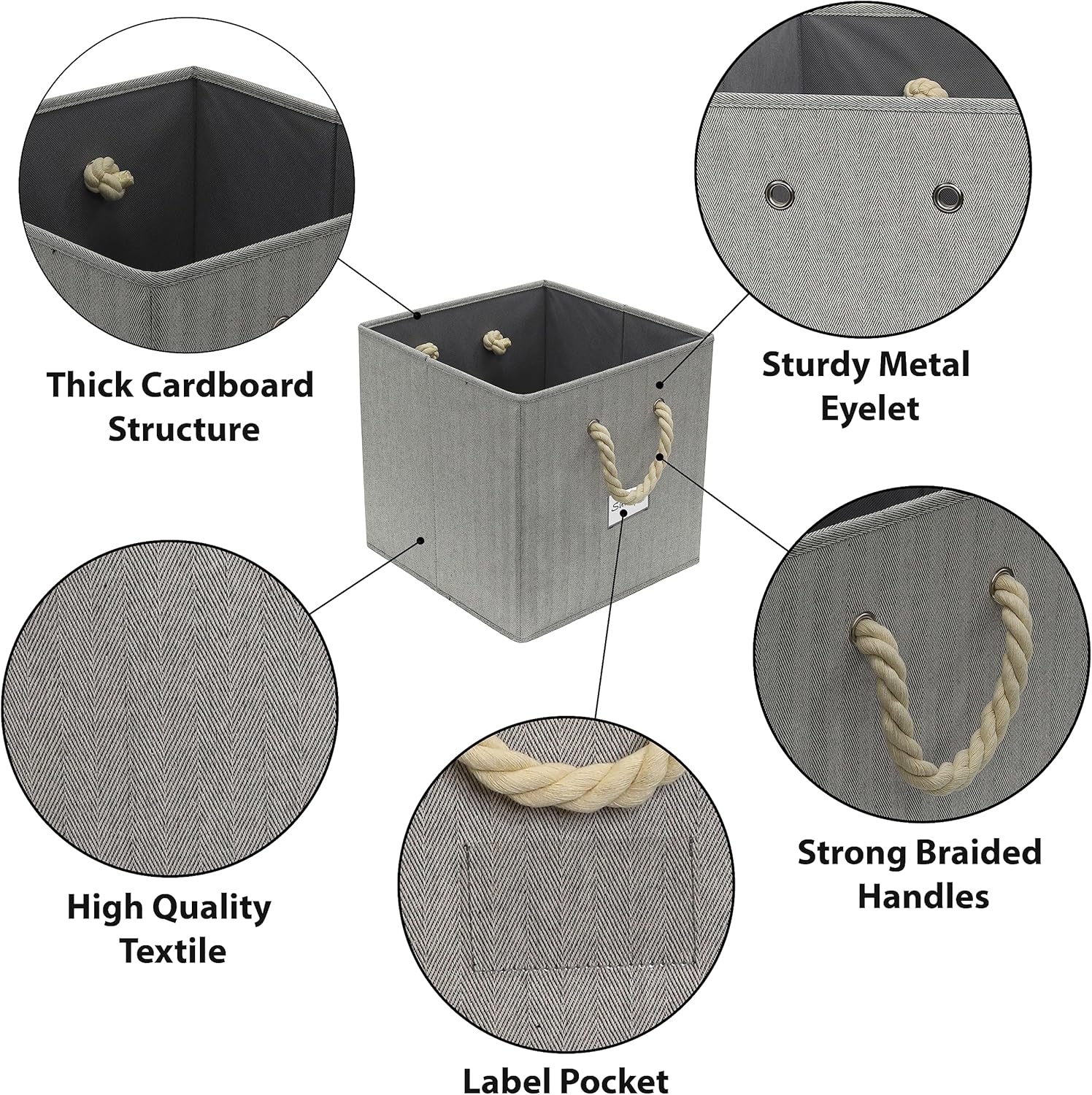 Simple Houseware 13-Inch Cube Storage Bins - Stylish Gray Bins with Braided Handles | 3 Pack