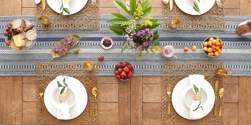DII Farmhouse Braided Stripe Table Runner Collection, 15x108 (15x113, Fringe Included), French Blue