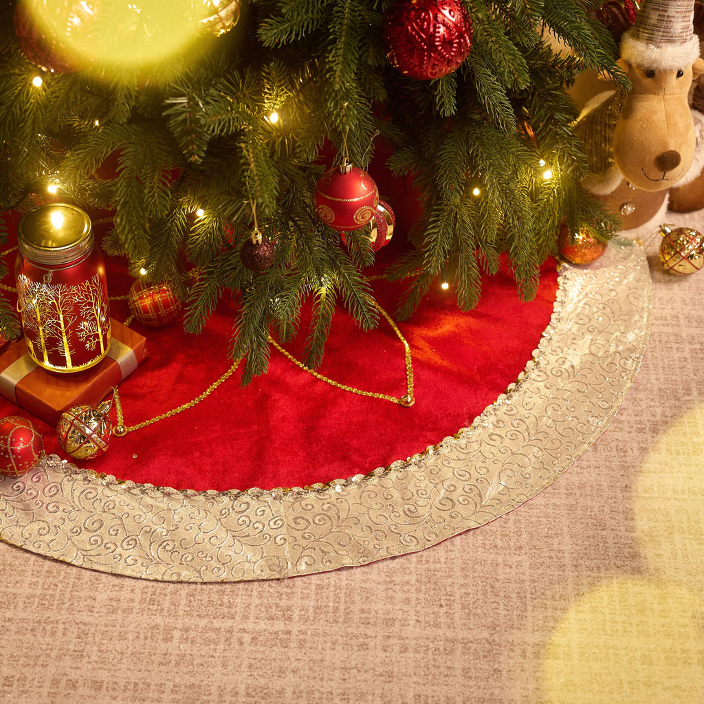 Valery Madelyn Christmas Tree Skirt for Tree Decorations, 60 Inch Fabric Luxury Red Gold Large Xmas Velvet Tree Skirt with Embroidery Flower & Golden Baroque Border Tree Merry Christmas Party Decor