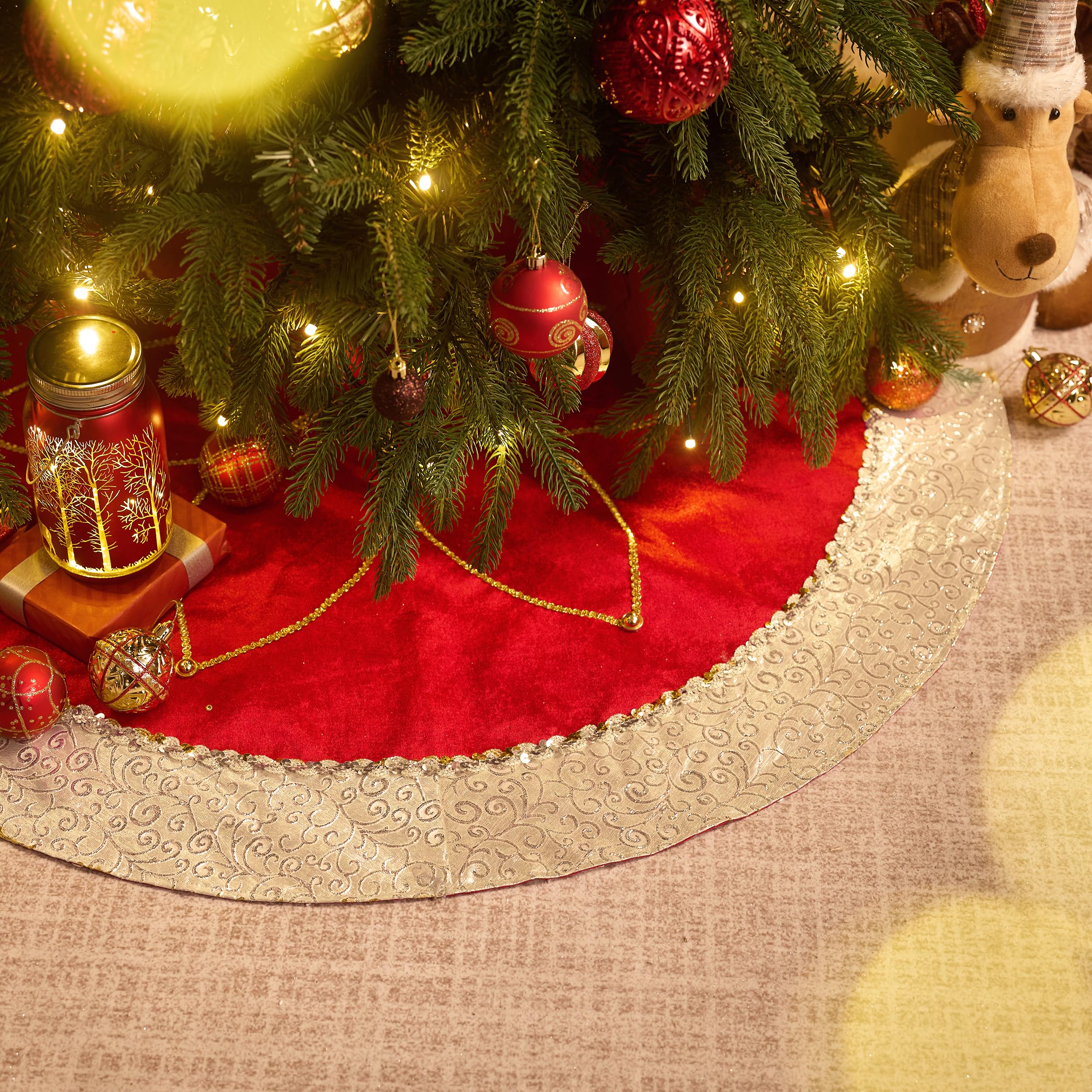 Valery Madelyn Christmas Tree Skirt for Tree Decorations, 60 Inch Fabric Luxury Red Gold Large Xmas Velvet Tree Skirt with Embroidery Flower & Golden Baroque Border Tree Merry Christmas Party Decor