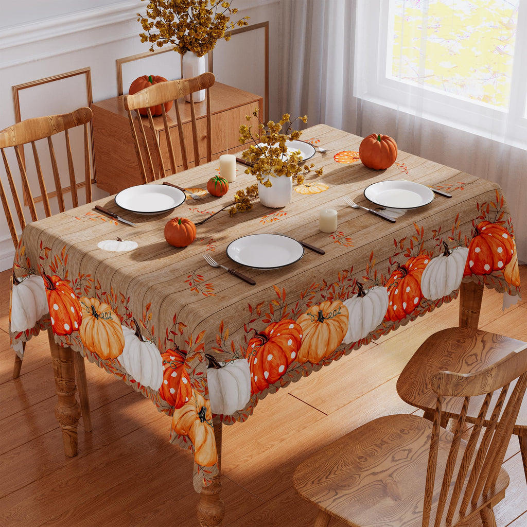 Fall Tablecloth 60x84 Inch Rectangle, Wood Leaves Pumpkin Decorations Seasonal Autumn Thanksgiving Scalloped Edge Waterproof Table Cover Home Party Decor