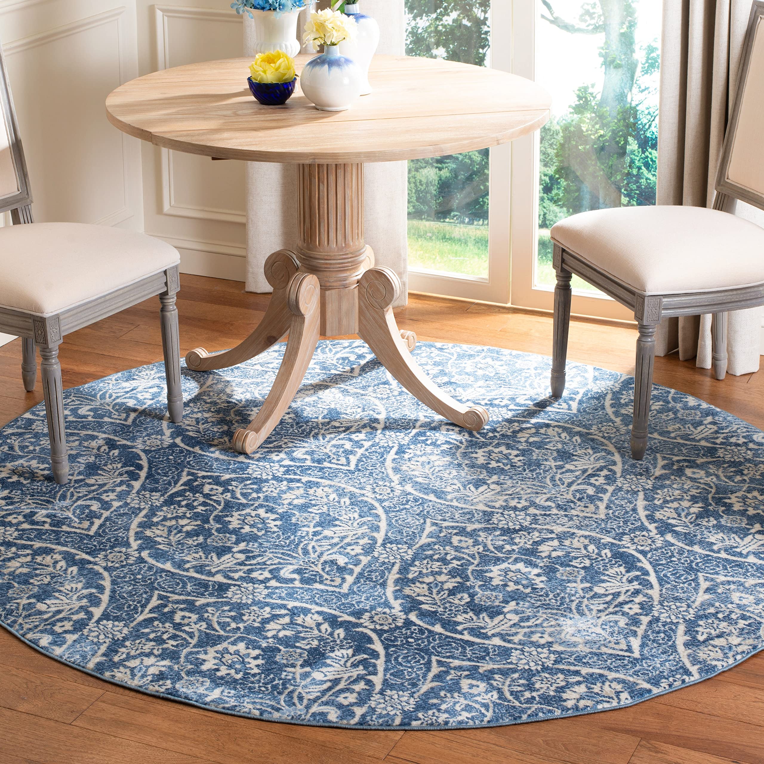 SAFAVIEH Brentwood Collection 3' x 5' Navy / Light Grey BNT860M Floral Damask Ogee Trellis Non-Shedding Living Room Bedroom Accent Rug
