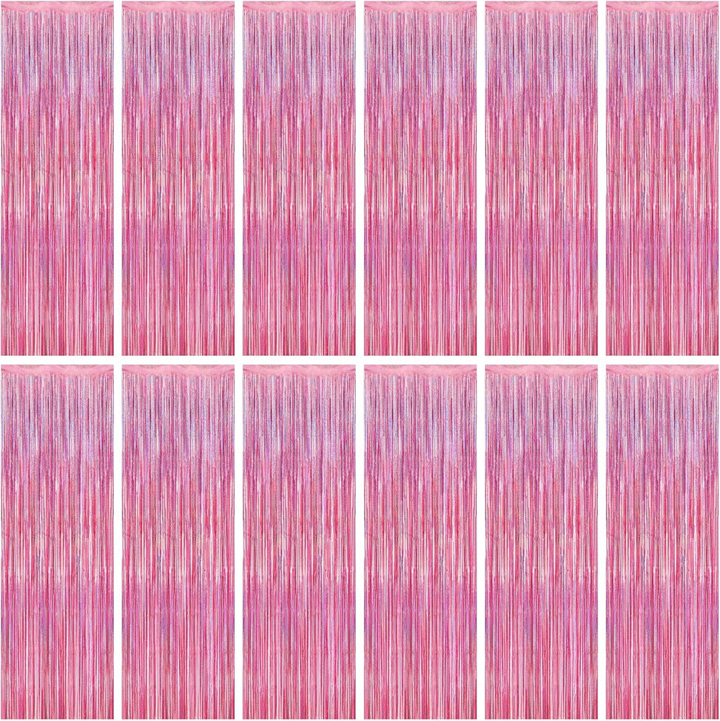 Skiennix Pink Backdrop - 12 Pack Metallic Glitter Tinsel Fringe Curtains | 3.28 FT x 7.05 FT Party Decor