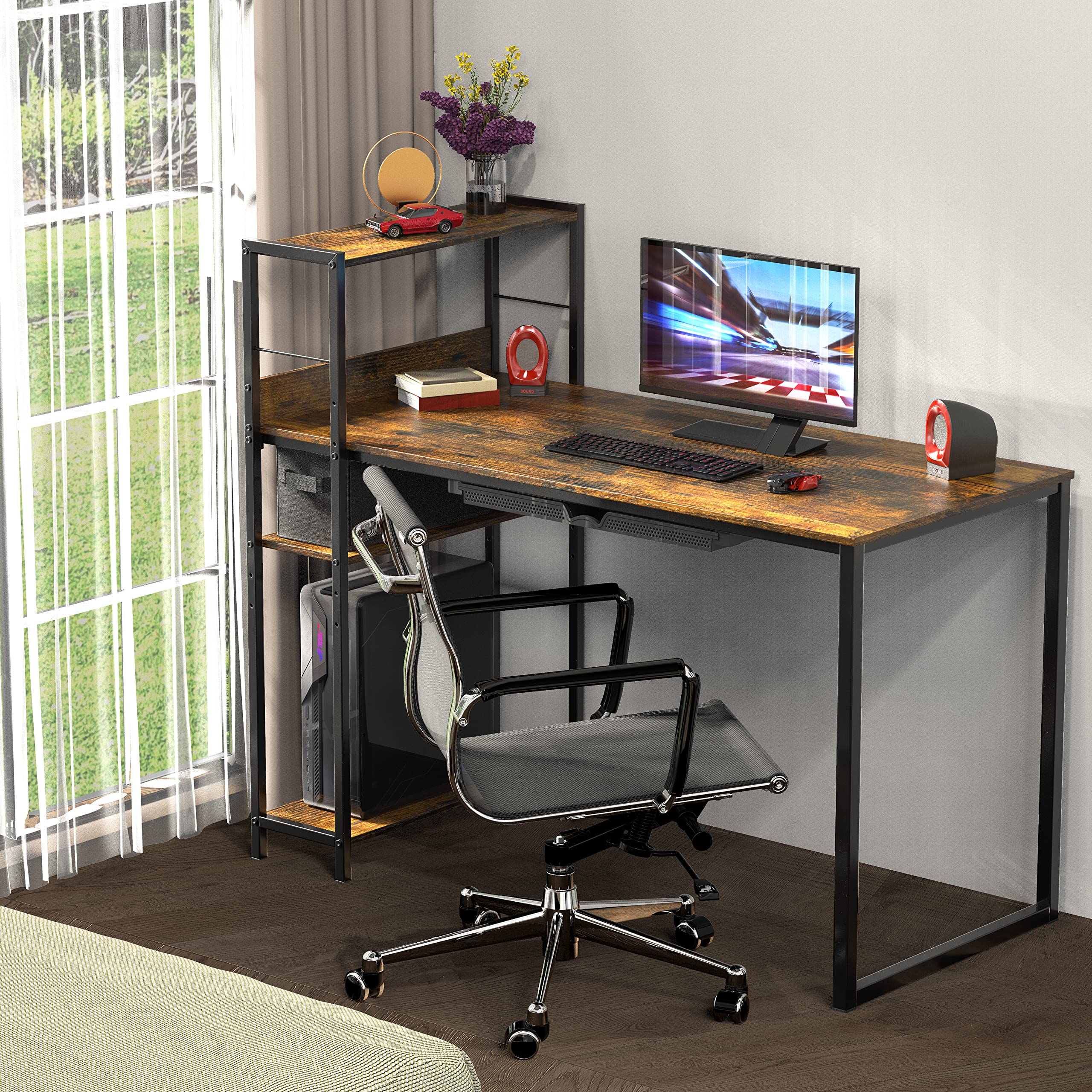 SHW 46-Inch Home Office Mission Computer Desk with Side Shelf and Drawer, Rustic Brown