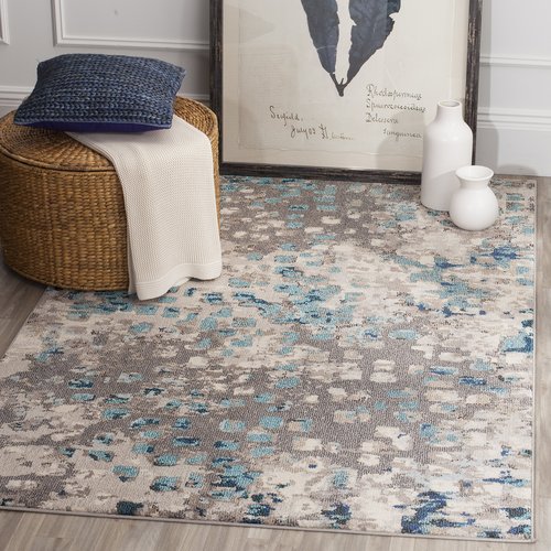 SAFAVIEH Monaco Collection Area Rug - 3' Square, Grey & Light Blue, Boho Chic Abstract Watercolor Design, Non-Shedding & Easy Care, Ideal for High Traffic Areas in Living Room, Bedroom (MNC225E)
