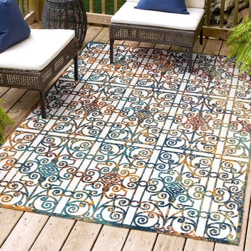 JONATHAN Y Ornate Trellis Indoor Outdoor Area Rug 5X8 Cream/Blue/Orange, Cetara for Backyard, Patio, Porch, Easy-Cleaning, High Traffic, Pet-Friendly, Non-Shedding (AMC111A-5)