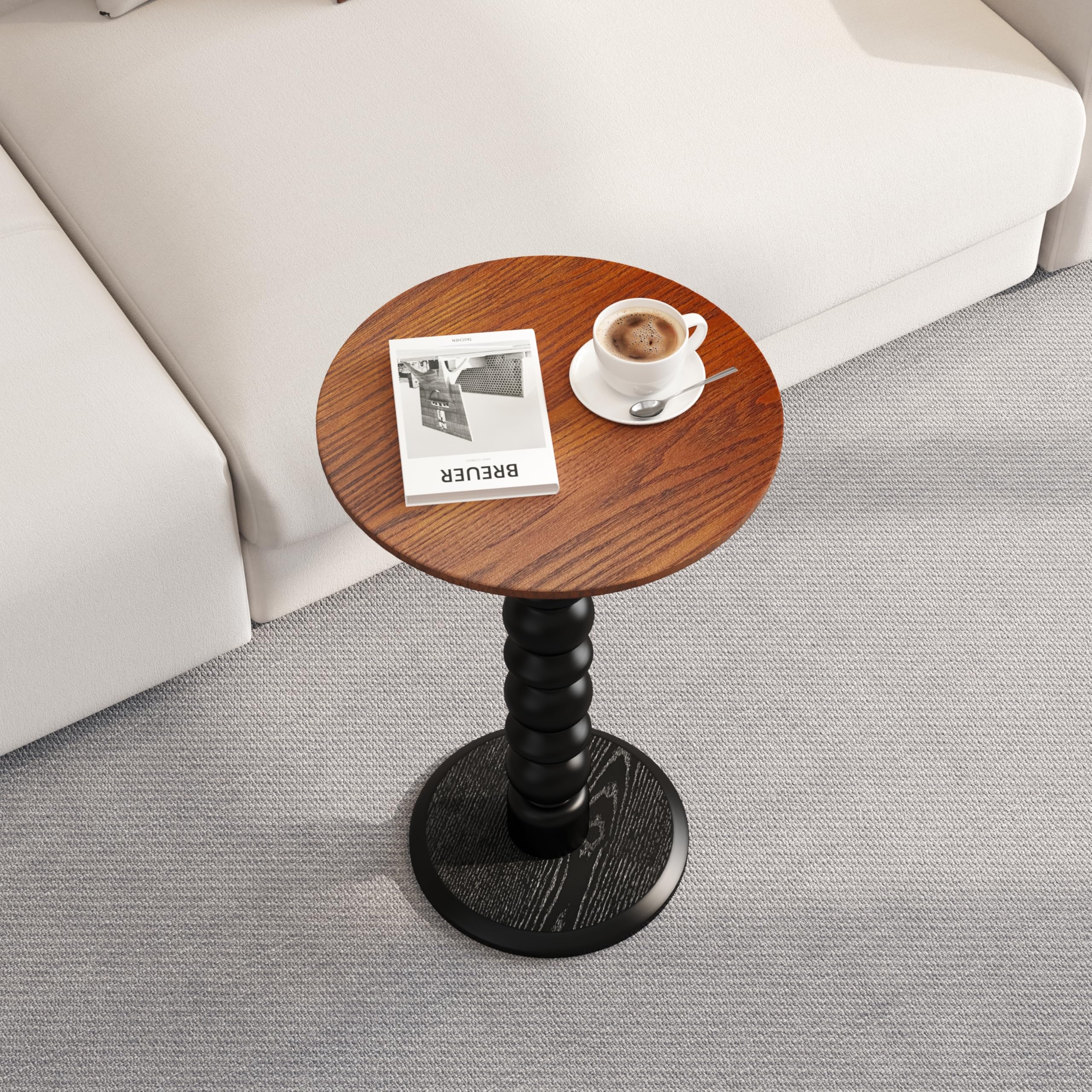 zaowofires Solid Wood Round Side Table, Small Drink Table,Cocktail Table, Wooden Pedestal End Table, Plant Stand for Living Room, Bedroom，Office and Corners(Walnut/Black)