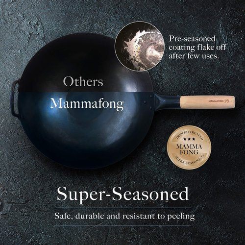 Mammafong Pre Seasoned Blue Carbon Steel Flat Bottom Wok -14 Inch Chinese Pow Wok - Traditionally Hand Hammered Woks and Stir Fry Pans