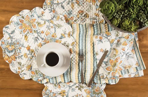 C&F Home Ainsley Placemats Set of 6 Jacobean Floral Reversible Stripes Round Cotton Machine Washable Dining Kitchen Tabletop Home Decor Decoration 17" Tan