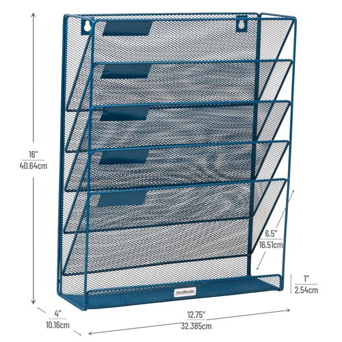 Mind Reader 5-Pocket Vertical File Storage, Desktop Organizer, Wall Mount, Office, Metal Mesh, Turquoise