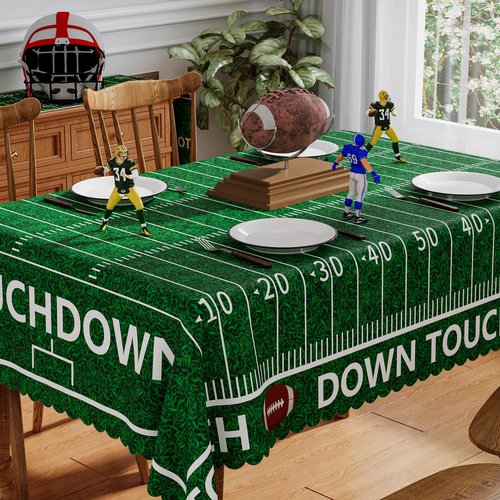Siilues Football Tablecloth Rectangle 60x84 Inch, Washable Green Grass Touch Down American Football Field Tablecloth Scalloped Edge Waterproof Rugby Boy Birthday Party Decoration Table Cloth