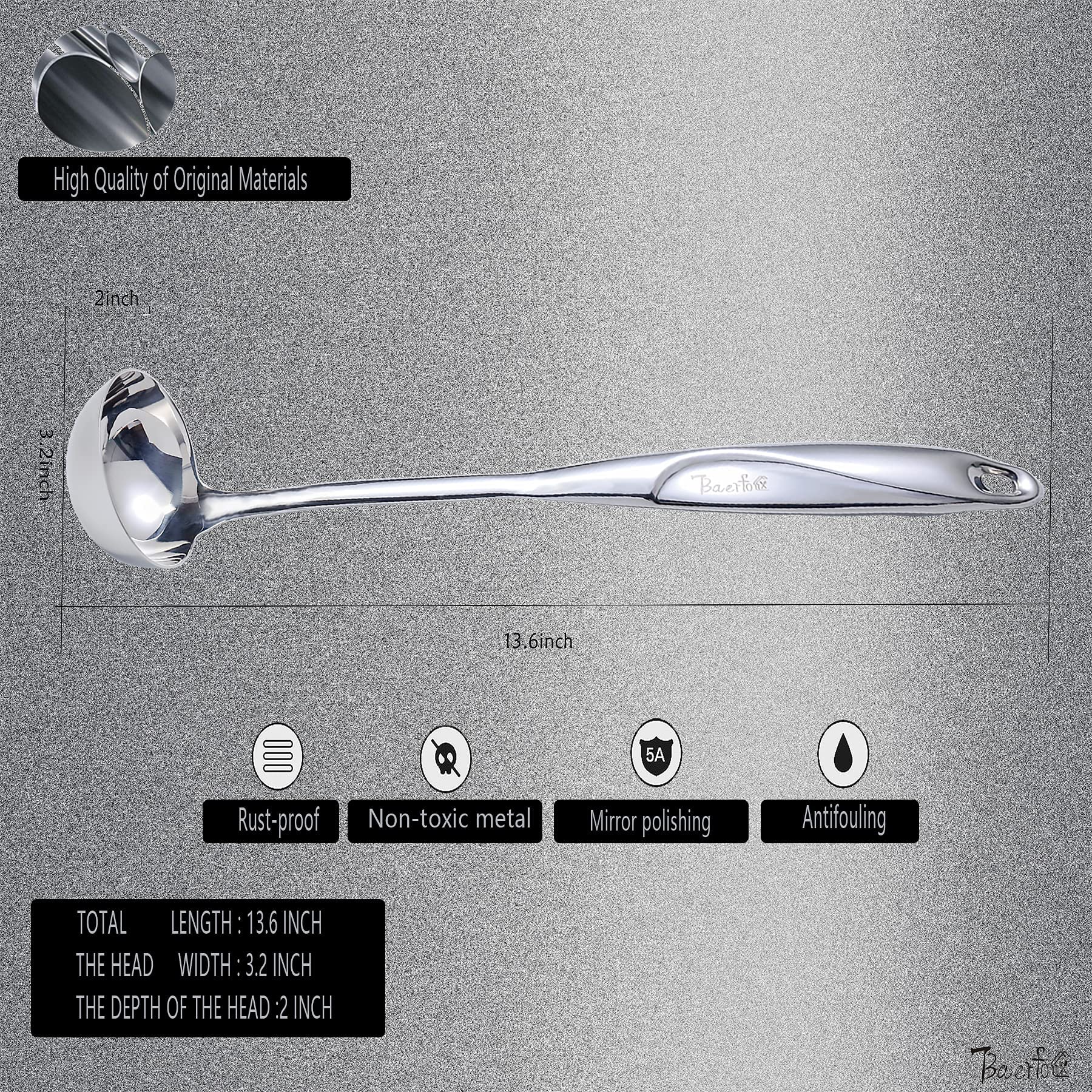 BAERFO High Grade Soup Ladle, Cooking Ladle for Soup, Heat-proof Design of Hollow Handle, Gift for Family（4ouce/13.5 Inch)