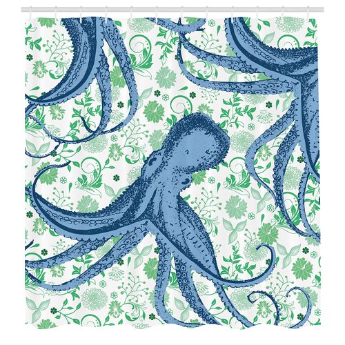 Ambesonne Nautical Shower Curtain, Sealife Sea Monster Octopus Kraken with Tentacles and Colorful Flowers, Cloth Fabric Bathroom Decor Set with Hooks, 69" W x 75" L, Mint Green