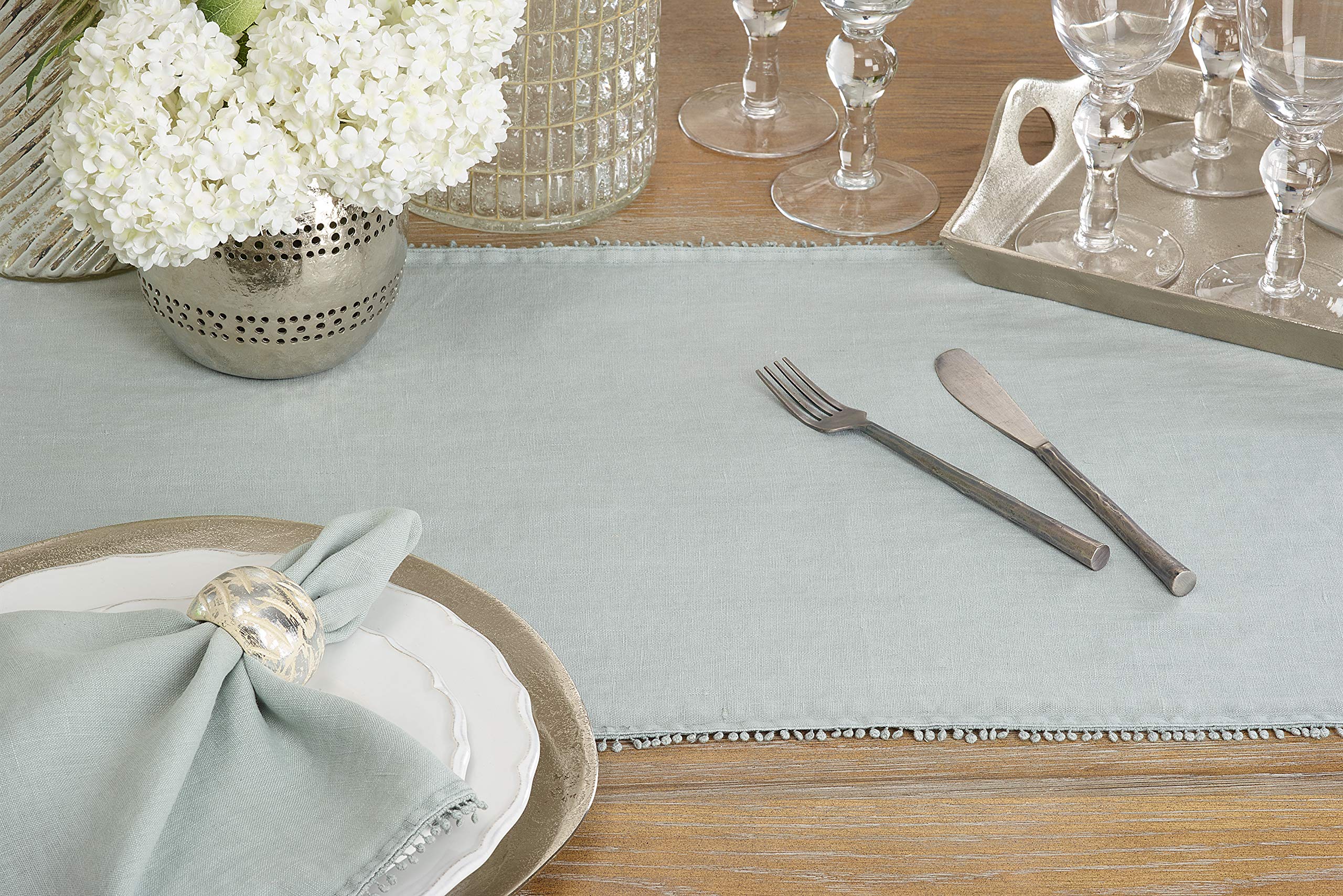 SARO LIFESTYLE 15062.BG1672B Pomponin Collection PomPom Design Table Runner 16" x 72" Blue-Grey