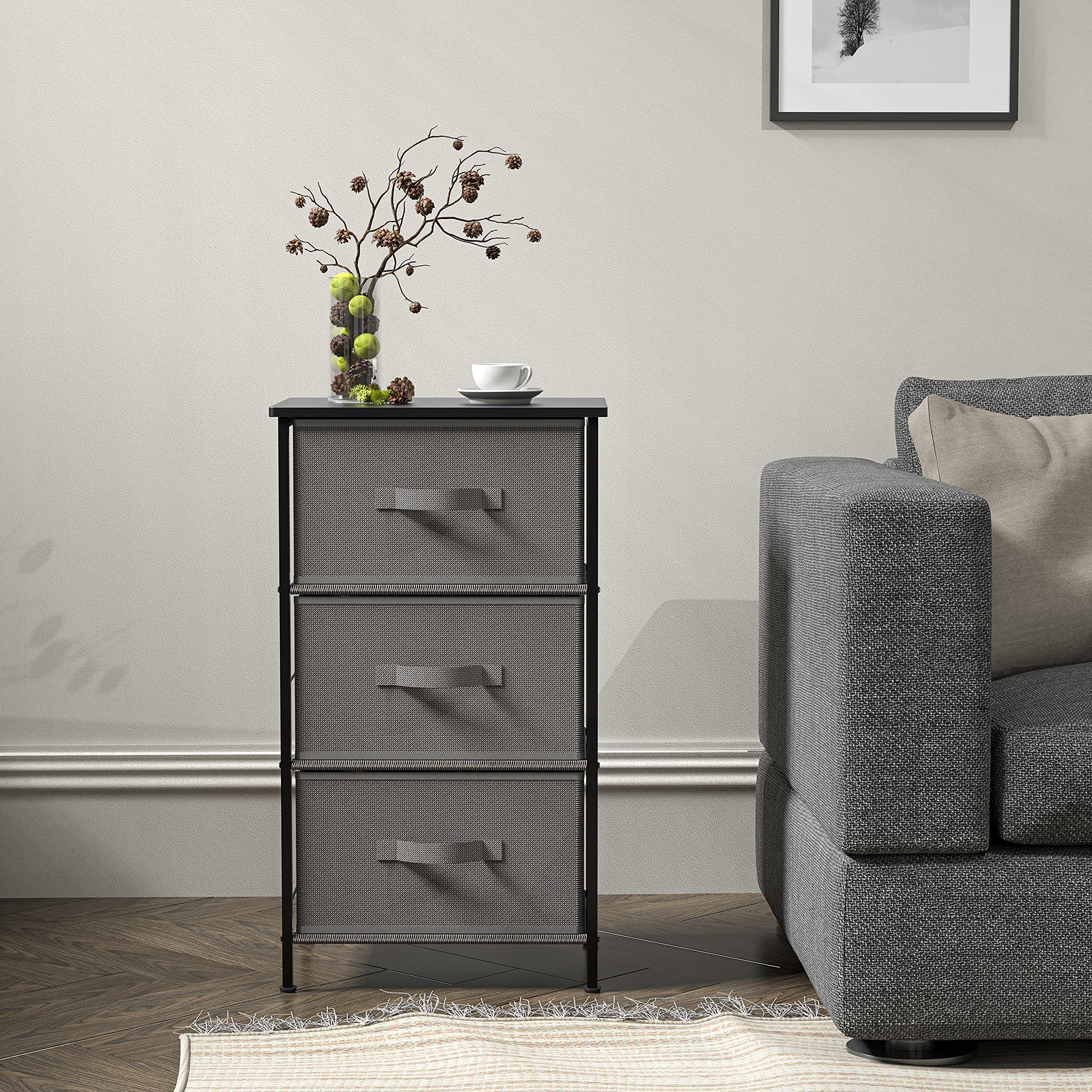 Simple Houseware 3 Drawer Nightstand Dresser with Wood Top, Dark Grey