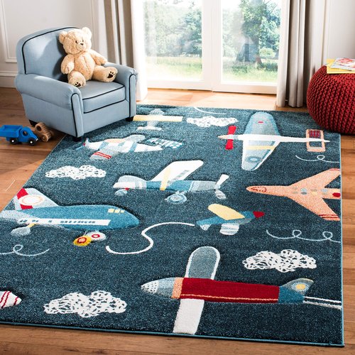 SAFAVIEH Carousel Kids Collection Area Rug - 4' Square, Navy & Ivory, Non-Shedding & Easy Care, Ideal for High Traffic Areas for Boys & Girls in Playroom, Nursery, Bedroom (CRK167N)