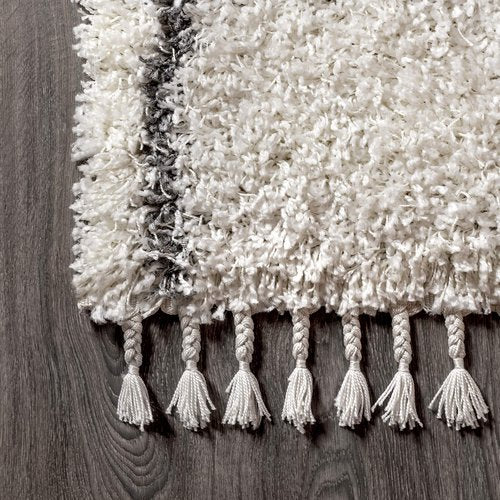 JONATHAN Y Mercer Shag Plush Tassel Ivory/Gray Indoor Area Rug, 4x6, Moroccan Geometric Trellis, Easy-Cleaning for Living Room, Bedroom, Kitchen, Pet Friendly, Non-Shedding (MCR101B-4)