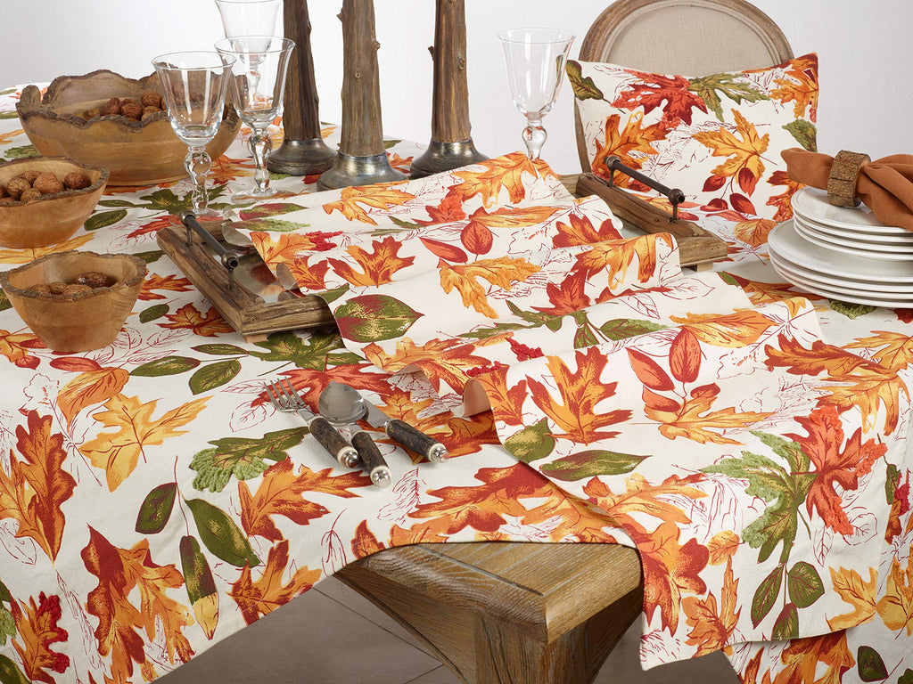 SARO LIFESTYLE L'automne Collection Embroidered Autumn Leaves Tablecloth, 65"x140", Multi