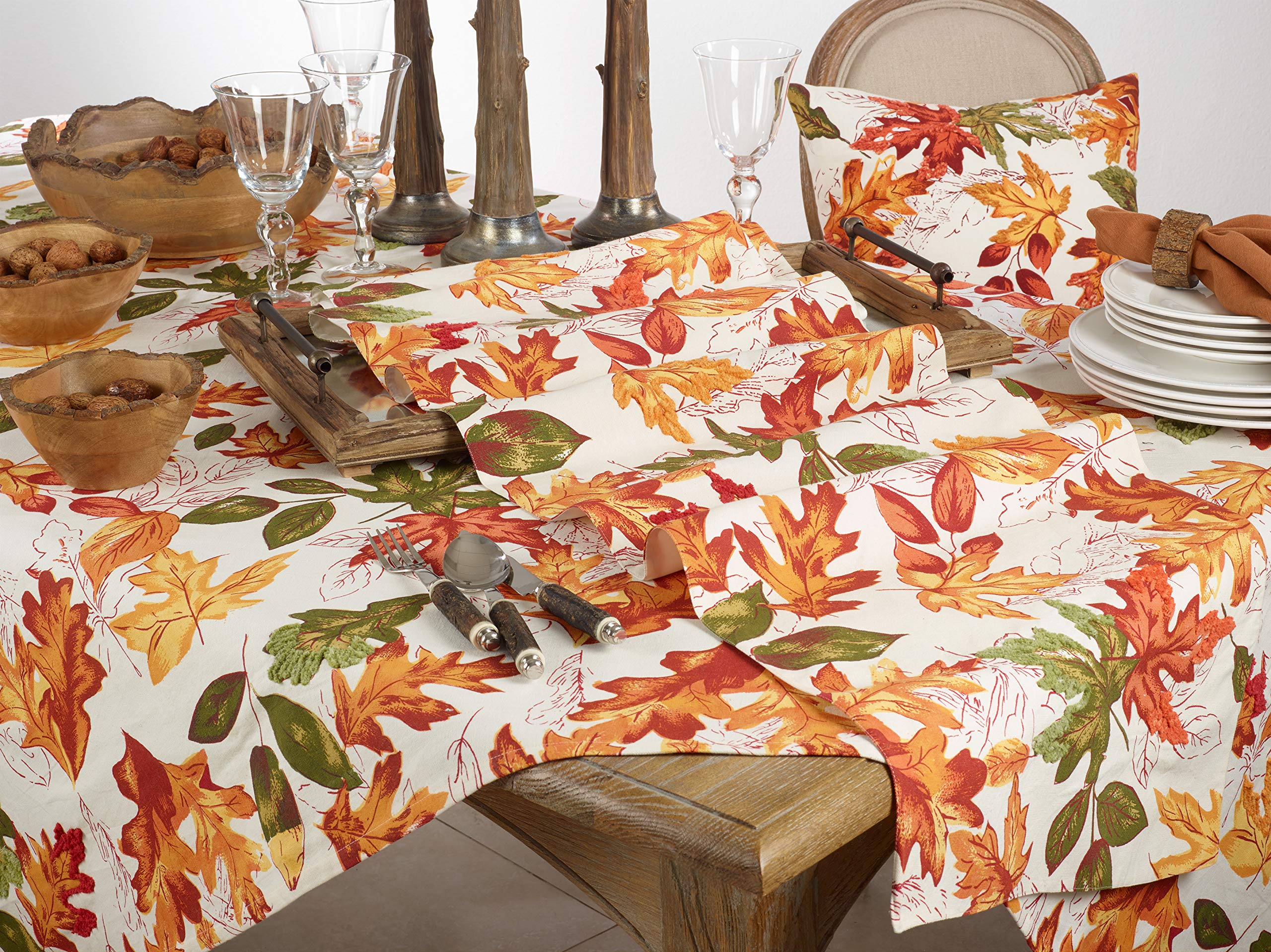 SARO LIFESTYLE L'automne Collection Embroidered Autumn Leaves Tablecloth, 65"x140", Multi